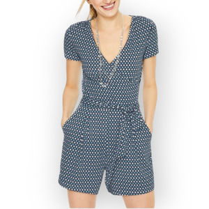 Boden Blue White Geo Print V-Neck Surplice Short Sleeve Playsuit Romper US6